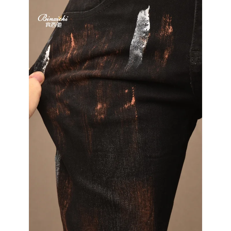 Retro vintage jeans heren zwarte modieuze trendy high-end straatpersoonlijkheid elastische kleine voet strakke broek