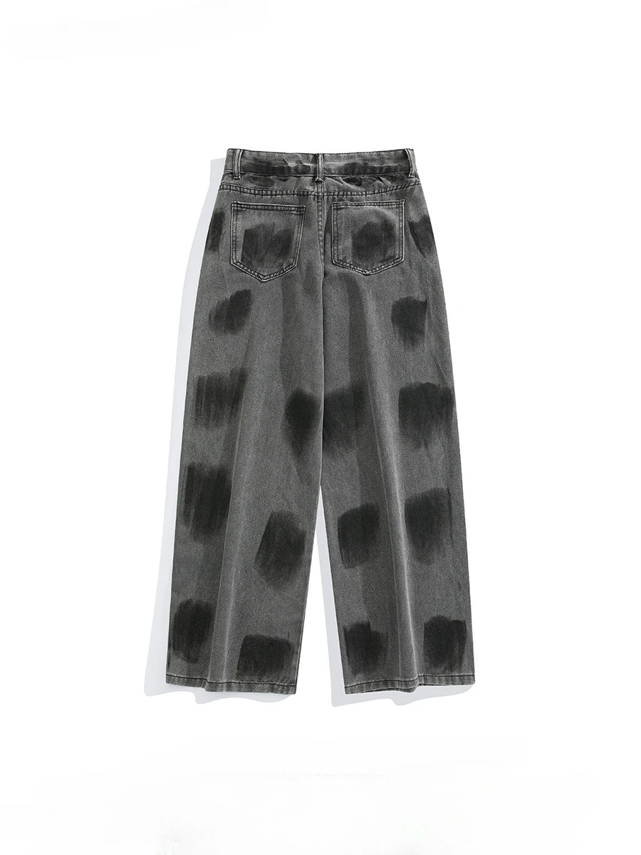 Men's American Tie-dye Graffiti Niche Jeans Trendy High Street Casual Versatile HipHop Heavy-duty Wide-leg Straight Denim Pants