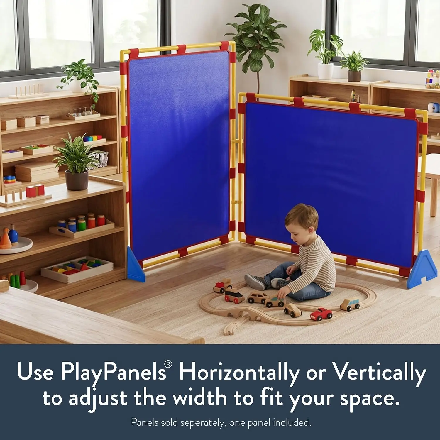 Freestanding Blue Water Resistant Vinyl Classroom Privacy Screen Room Divider Panel Cantilever Feet Daycare Preschool