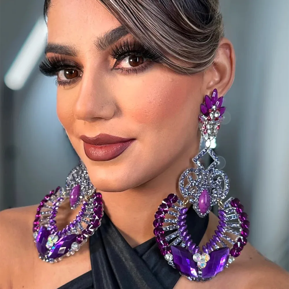 

Exaggerated Large Rhinestone Earrings Dangle Accessories for Women Aesthetic Bling Purple Crystal Drop Earrings Wedding Jewelry