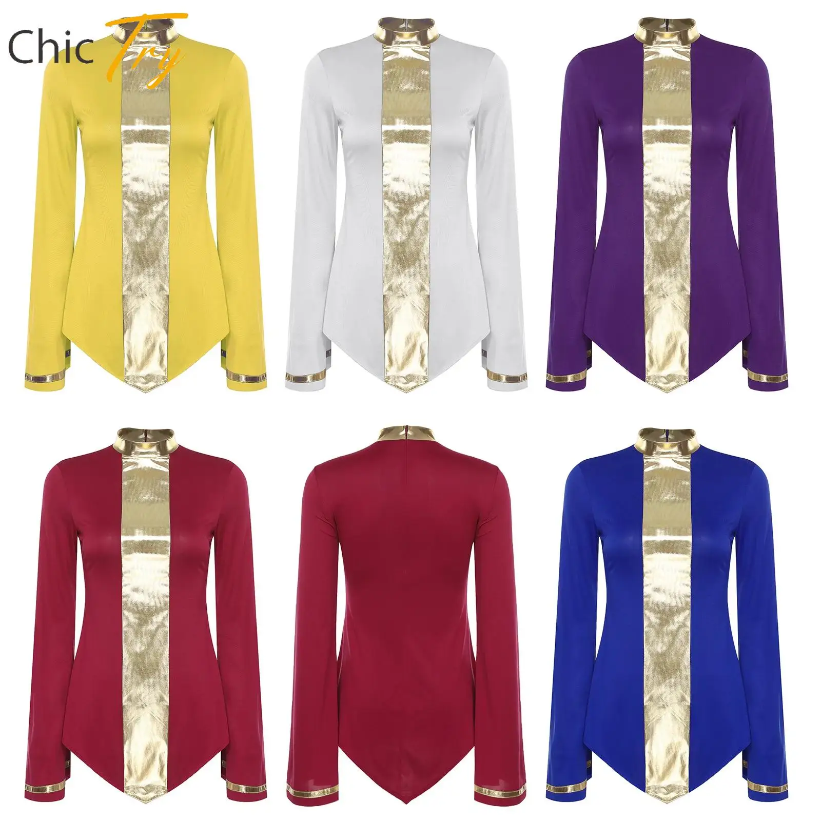

Women Liturgical Praise Dance Tops Metallic Shiny Flared Long Sleeve Irregular Hem Shirt Blouse Worship Lyrical Modern Dancewear