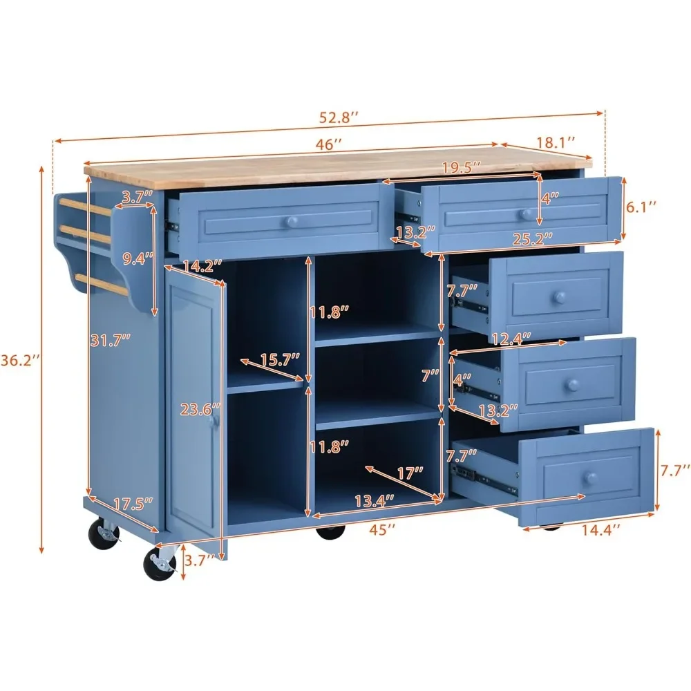 Kitchen Cart with Rubber Wood Top Storage Cabinet Rolling Mobile Kitchen Island On Wheels with 5 Drawer Open Shelves Blue