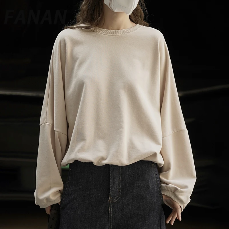 

FANAN однотонный пуловер в стиле минимализм, женский свитер с круглым вырезом и длинными рукавами, повседневные свободные топы, одежда в корейском стиле, новинка осени 2023 г.