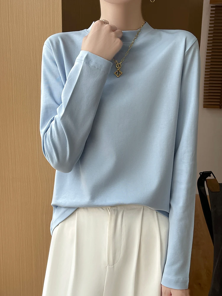 Spring Summer New Sle Women's Long Sve Cotton T-irt Thin Base Layer irt Versatile Top Outerwear f High Collar