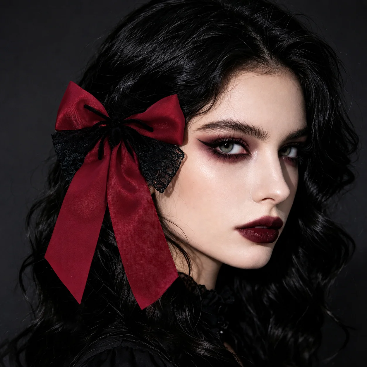 Dark Gothic Lolita Bow Lace Hair Clip Spider Satin Tassel Headpiece for Women Halloween Witch Cosplay Parties Hair Accessories