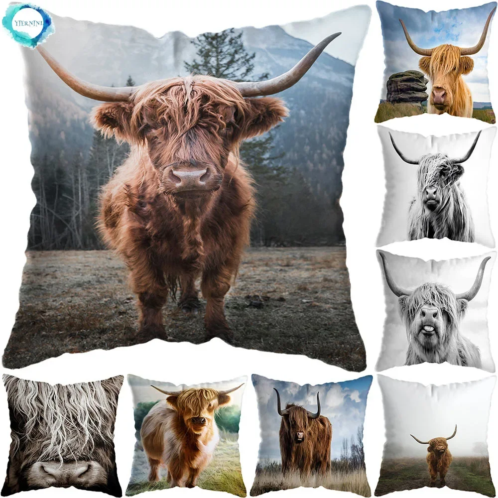 Nordic Yak Oxen Animals Printing Bay Decor Animals Highland Cow Cattle Pillow Cushion Cover Home Hotel Sofa Bed Cushion Cover