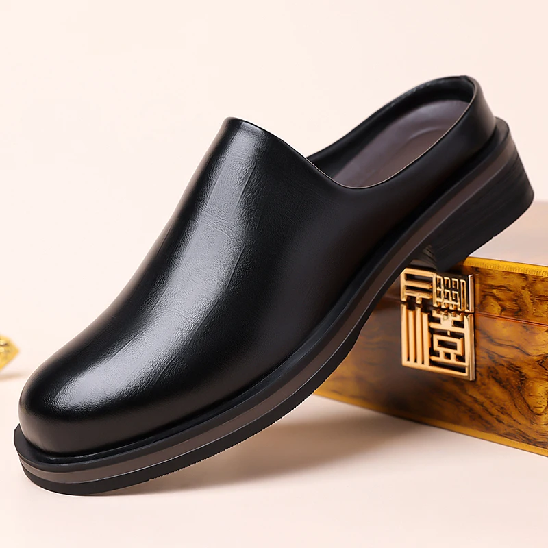 Backless Man Mules Half Slippers Leather Open-back Loafer Casual Dress Shoes Men Slip On Flat Sneakers Closed toe Slides Sandals