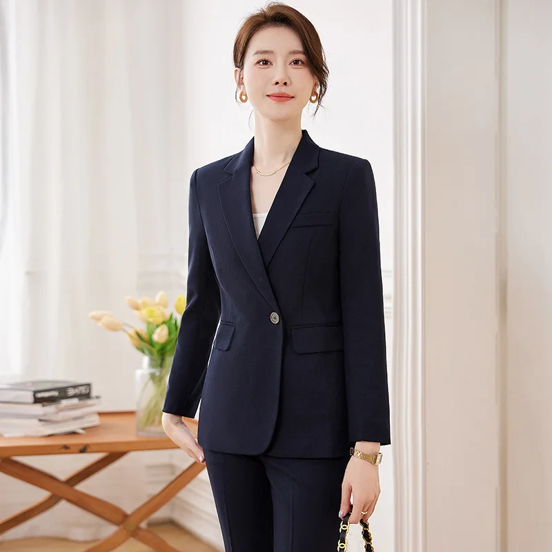 Navy Blue Suit Jacket for Women Spring and Autumn2024New Temperament Civil Servant Interview Formal Wear Business Wear Suit Suit