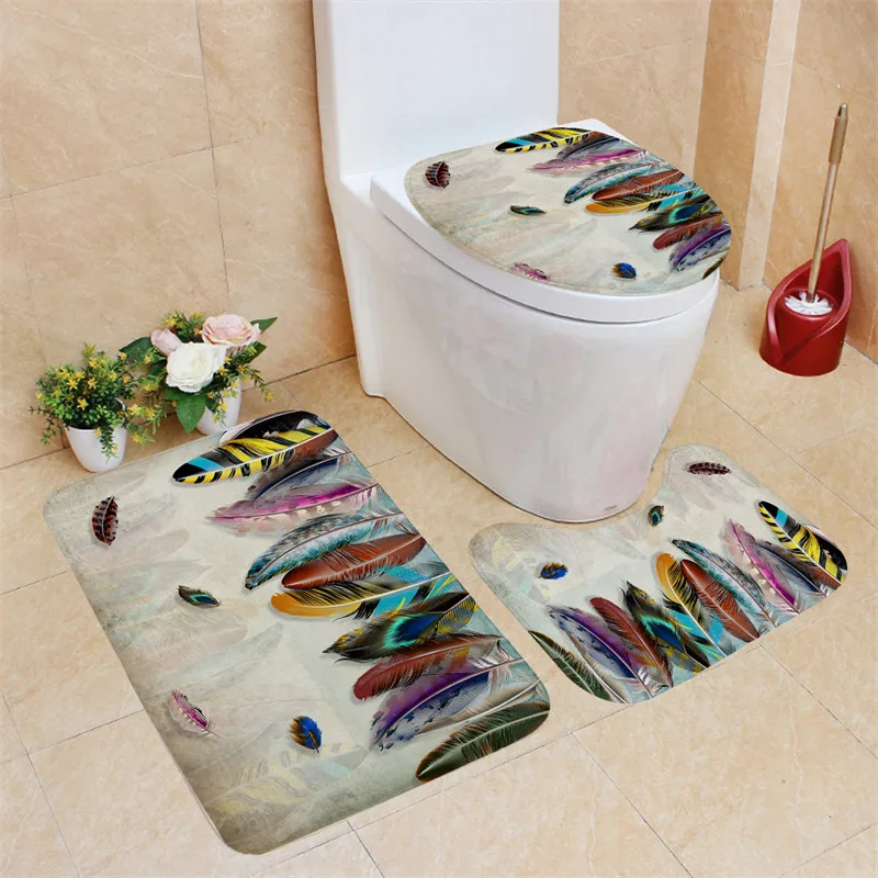 Feather Bath Curtain 3D Print Bath Mat Set Waterproof Shower Curtains Polyester High Quality Carpets Mildewproof Toilet Rugs