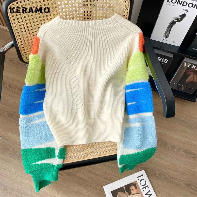 Women Casual Sweet Rainbow Striped Knitting Long Sleeve Cardigans 2023 Winter Korean Fashion Casual V-Neck Kawaii Sweater