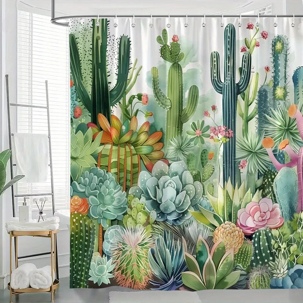 

Cactus and succulent plant garden Shower Curtain Washable Dirt-Resistant Shower Head waterproof Polyester Bath Curtain