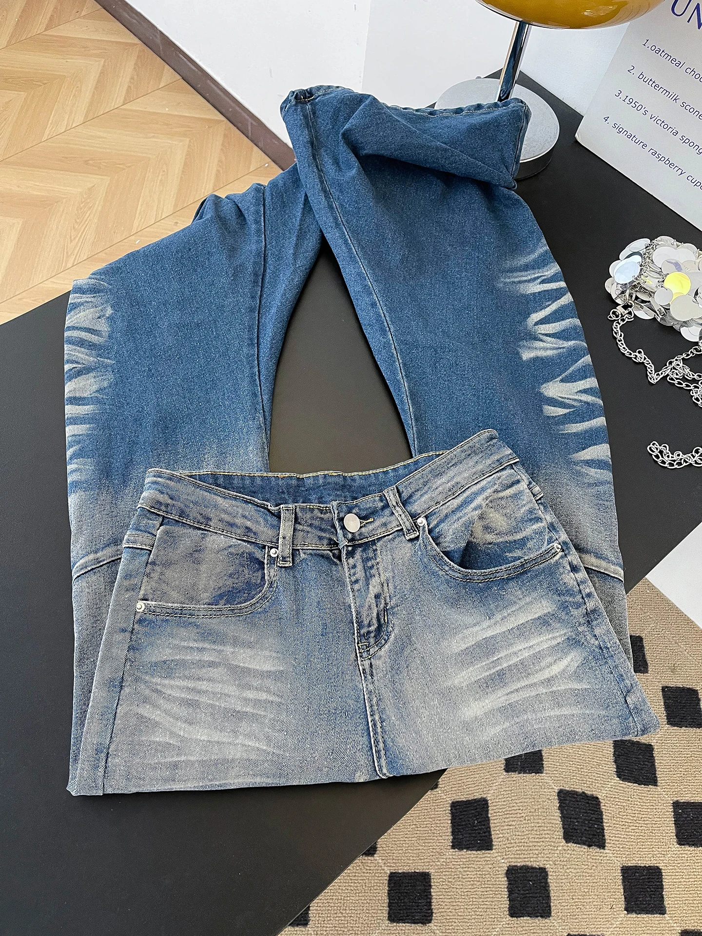 

Waed adual American High Street Denim Jeans Women Y2K Spicy Old Faioned Pleated Floor-Length Dra Bell Bot