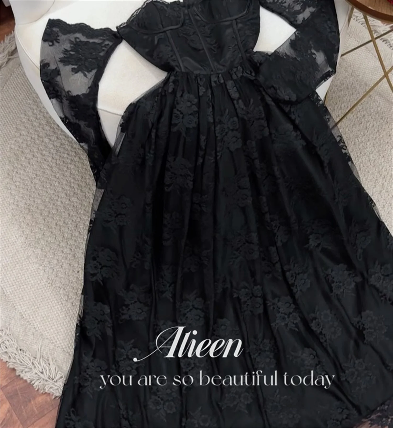 Aileen Sweetheart Long Sleeves Lace Black Wedding Dress Elegant Evening Dresses for Women Luxury Party Woman Prom Customized