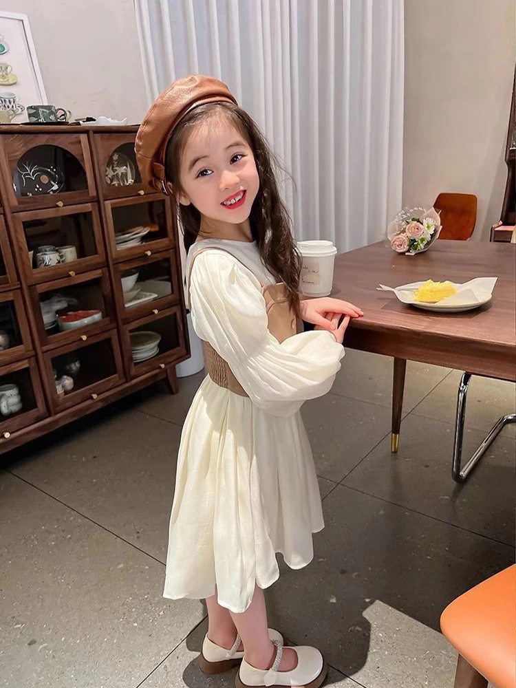 Chiffon Dress + PU Leather Vest 2Pcs Kids Girls Long Sleeve Princess Dress Spring Autumn Fashion New Casual Clothes  2-12 Years