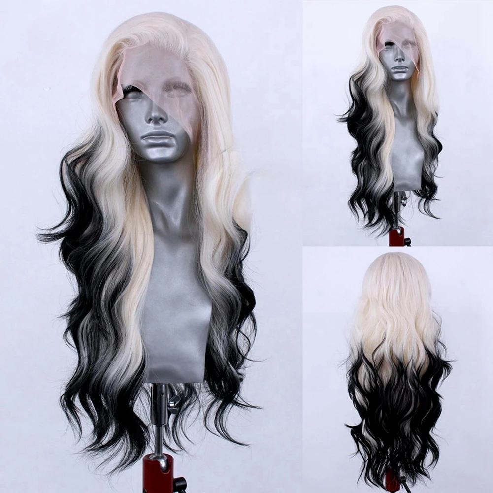 Black White Ombre Synthetic Lace Front Long Wavy Hair Heat Wigs