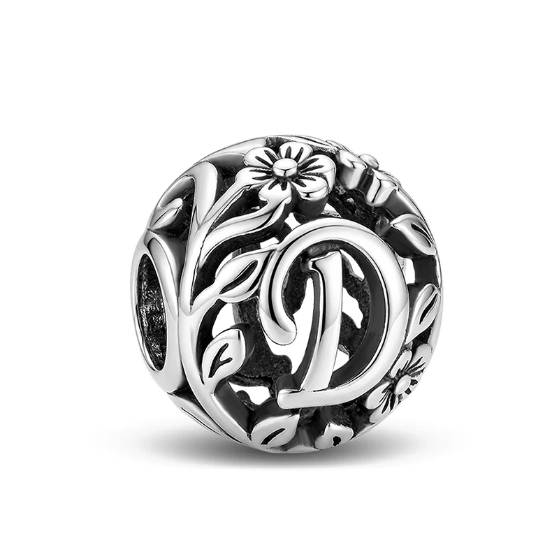 Personalized Vine Letters Round Charms Beads Fit Original  Bracelets Bangles 925 Sterling Silver Fine Jewelry Gift