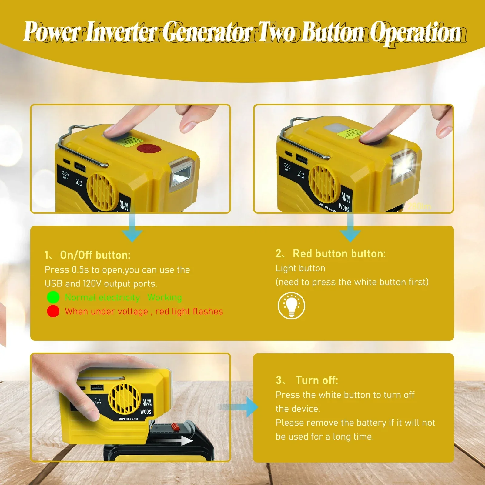 200W Portable Power Inverter 220V Outdoor Mobile Lithium Battery Inverter with LED Light for Dewalt 18V 20V Li-ion Battery