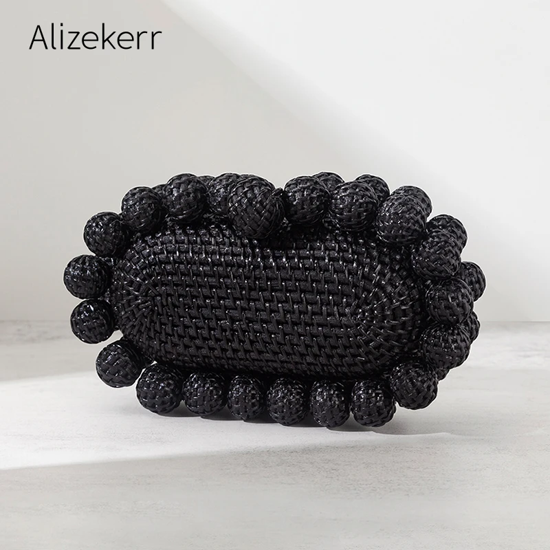 Alizekerr Beaded Hand Woven Rattan Bags Women Boutique Elegant Oval Shaped Beach Straw Clutch Purses High Quality Summer Holiday