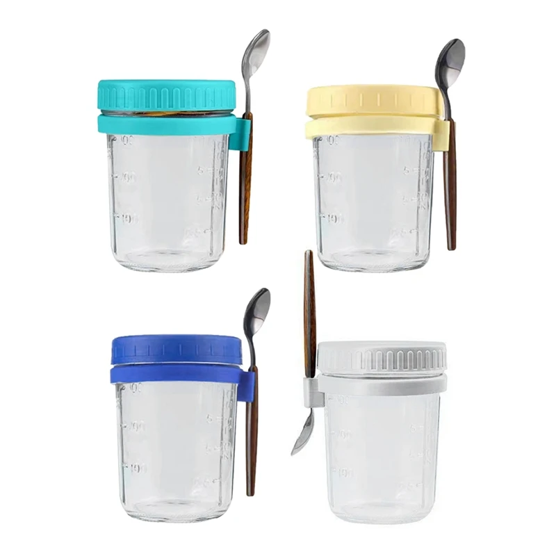 4Pcs Glass Jars Sealed Oat Jar With Lid And Spoon Is Suitable For Yogurt, Pudding And Cereal