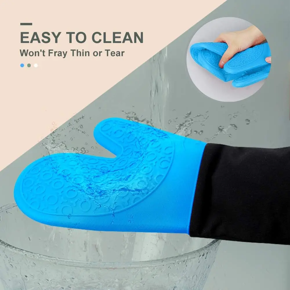 Luvas de Forno Extra Longas Resistentes ao Calor com Pegada Antiderrapante, Perfeitas para Assar, Cozinhar e Grelhar - 14,6 Polegadas Azul e Preto