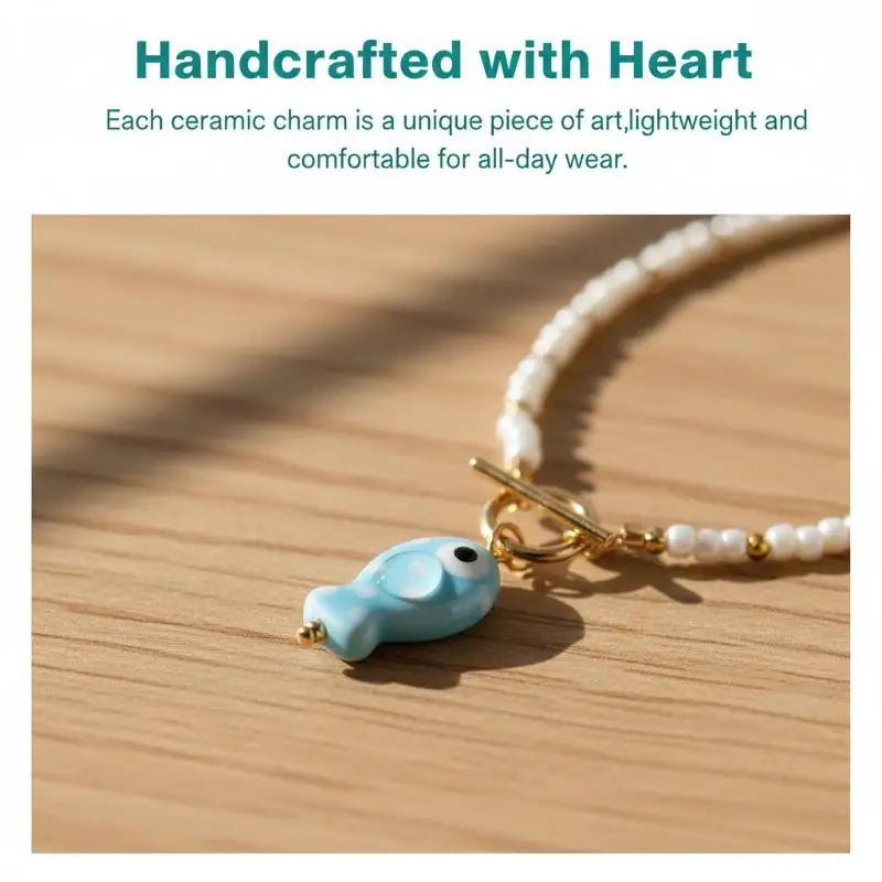 Böhmische, meeresinspirierte Keramik-Fisch-Seestern-Anhänger-Halskette, bunte Perlen, Keramikketten-Armband, Sommer-Ozean-Strand-Schmuck – Detail 10