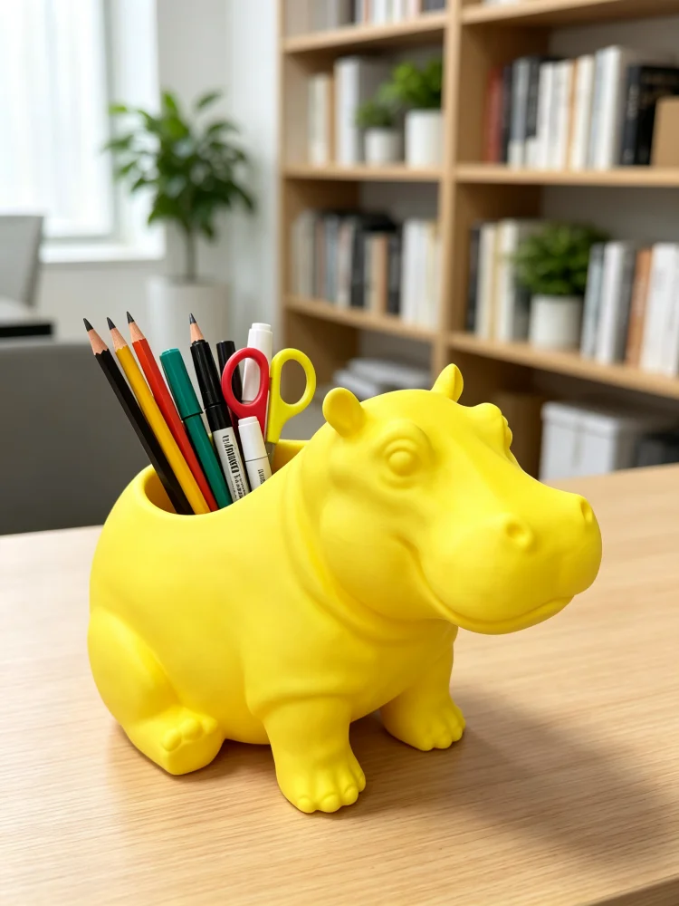 Cute hippo pencil holder desktop storage basket, animal-shaped stationery storage container, durable with a matte PLA surface, stable base with large storage capacity, a two-in-one decorative and practical item, suitable for storing office supplies and makeup brushes, office and home desk accessories, student desk and classroom stationery, fun hippo ornament, children's desktop decoration, creative gift for children