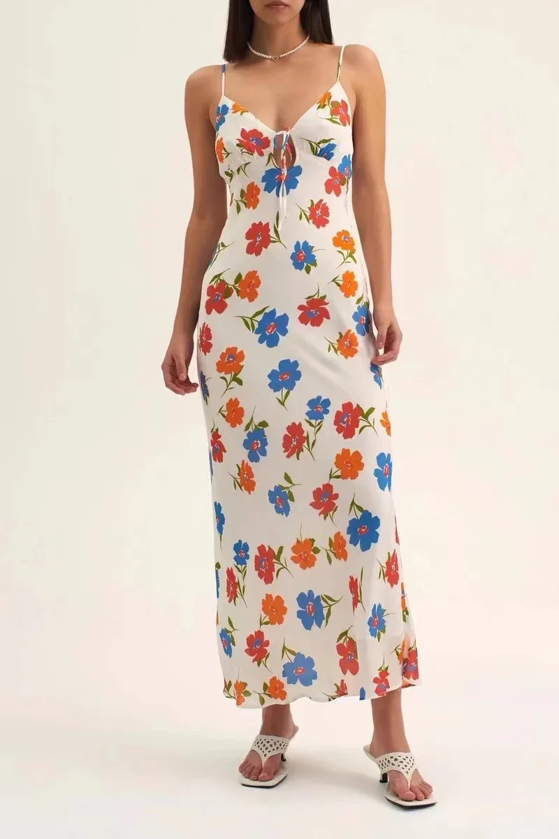 

Colorful floral print waist cinching vacation style camisole dress maxi dresses for women