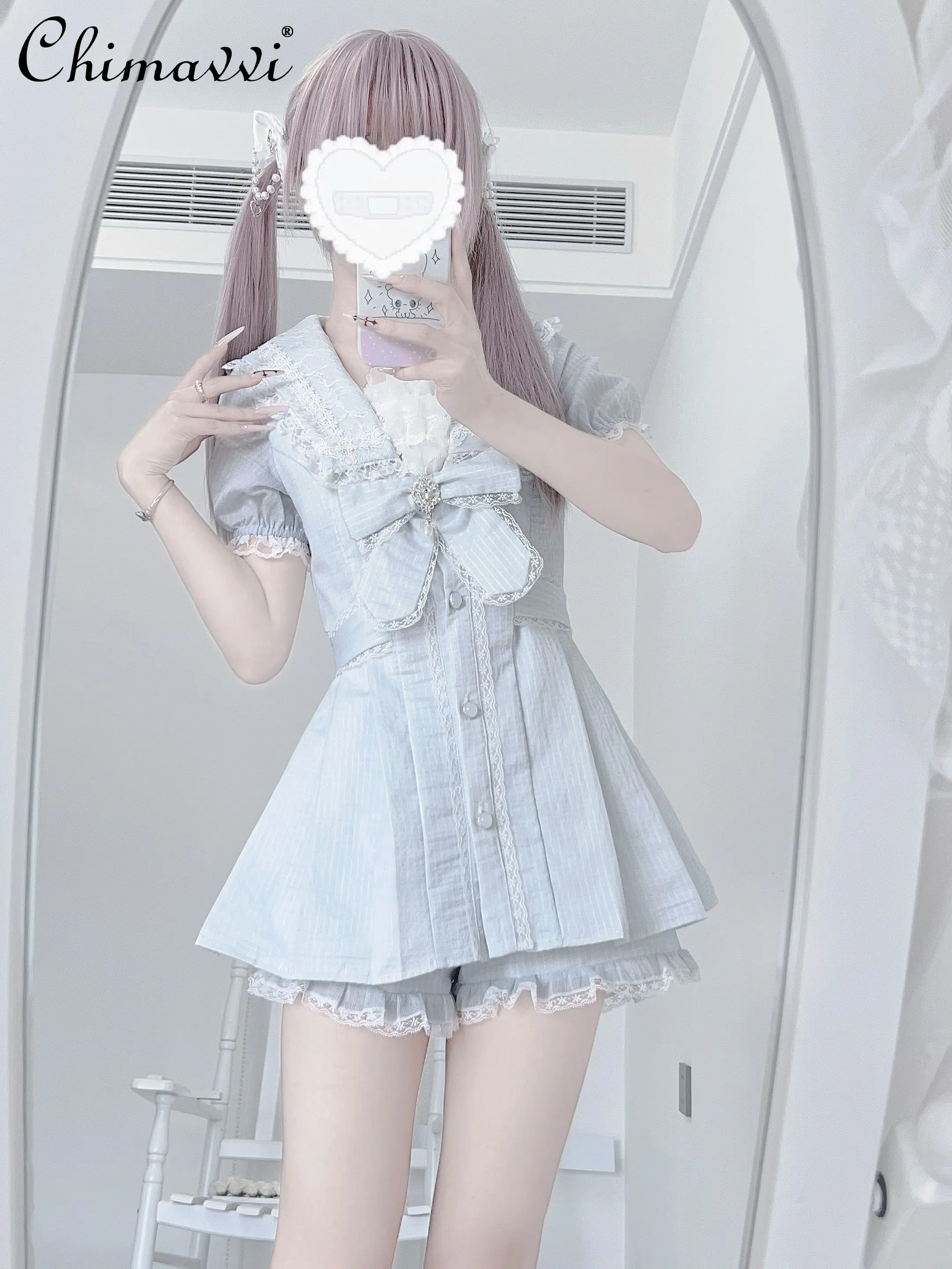 

Original Japanese Mine Dress Set 2025 New Mass-produced Short-sleeved Striped Cute Bow Top + Shorts Kawaii Girl Two-piece Set