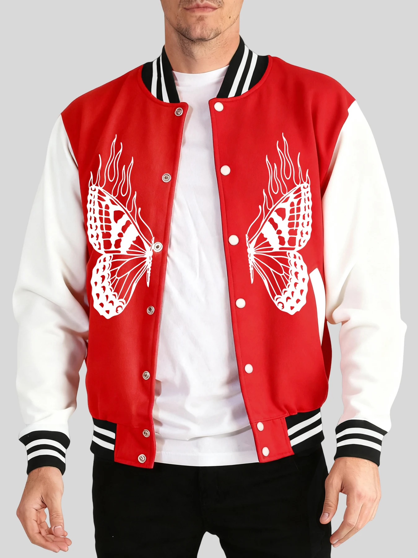 

Creative Flame Wings Butterfly Print Baseball Uniform Men Casual Trendy Sportswears Hip Hop Pocket Jacket Autumn Winter Tops