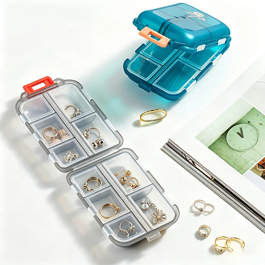

Portable jewelry box - compact double-layer jewelry box for carrying, foldable, sealed, moisture-proof, 10 compartments - travel