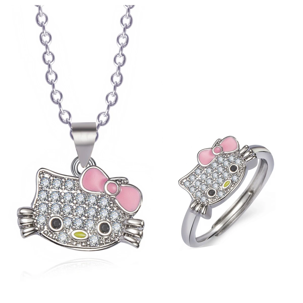 Kawaii Adjustable Hello Kitty Ring For Girls Women Gift Cartoon MINISO Sanrio Kitty Ring Necklace Jewelry For Valentine's Gifts