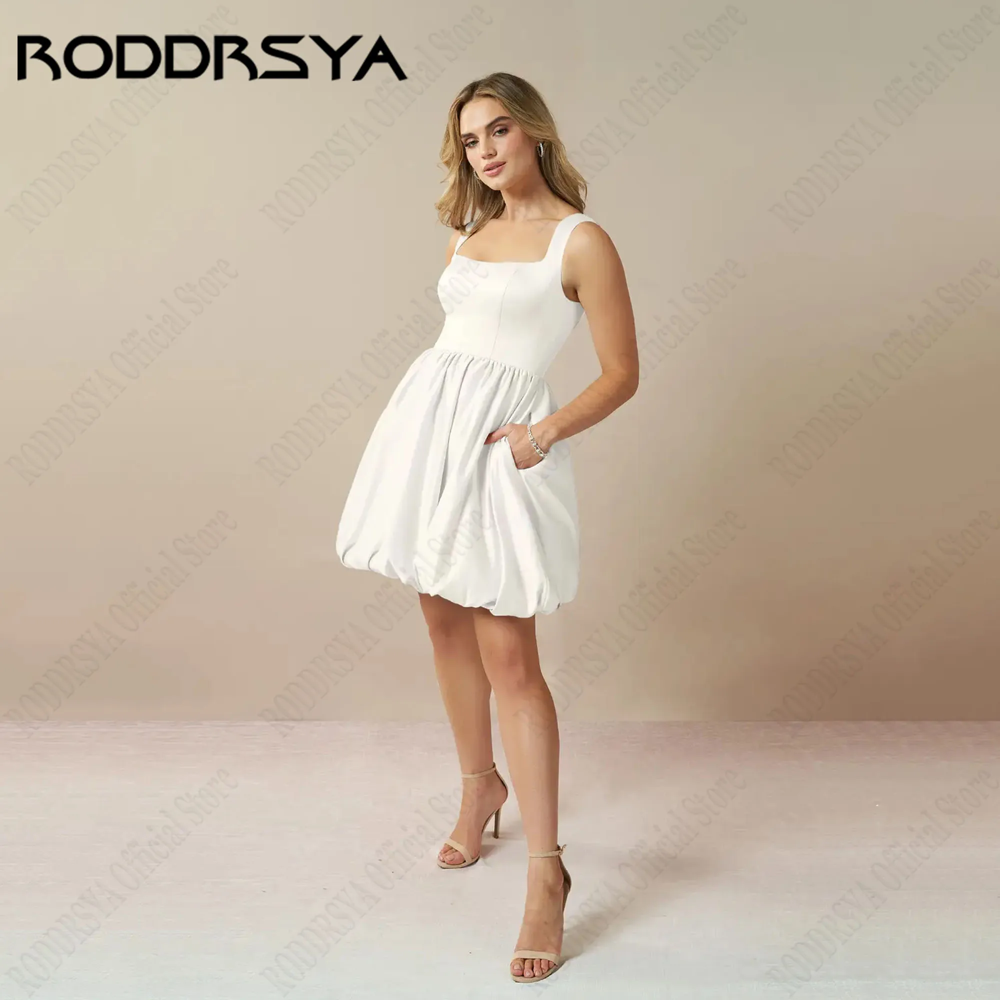 RODDRSYA Mini A-Lineชุดเจ้าสาว2024สแควร์คอBacklessง่ายซาตินGownsแต่งงานแขนกุดVestidos De Fiestaที่กําหนดเอง