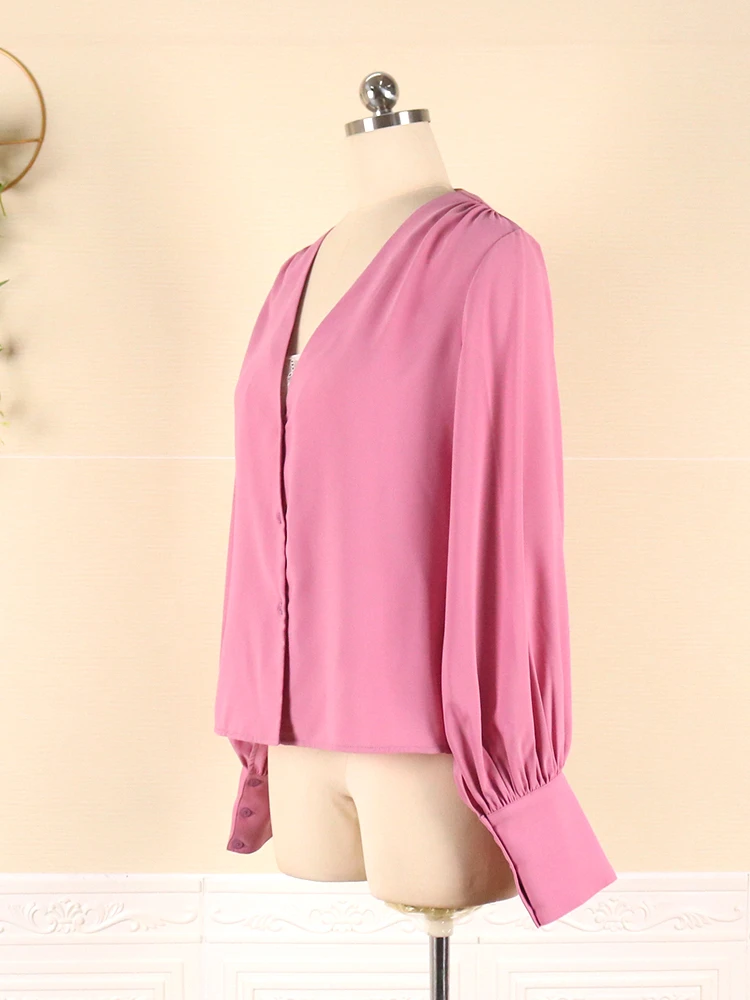 Tops de talla grande con cuello en V para mujer, camisa de manga larga de farol rosa y azul, blusa informal de oficina para mujer, novedad de verano y otoño