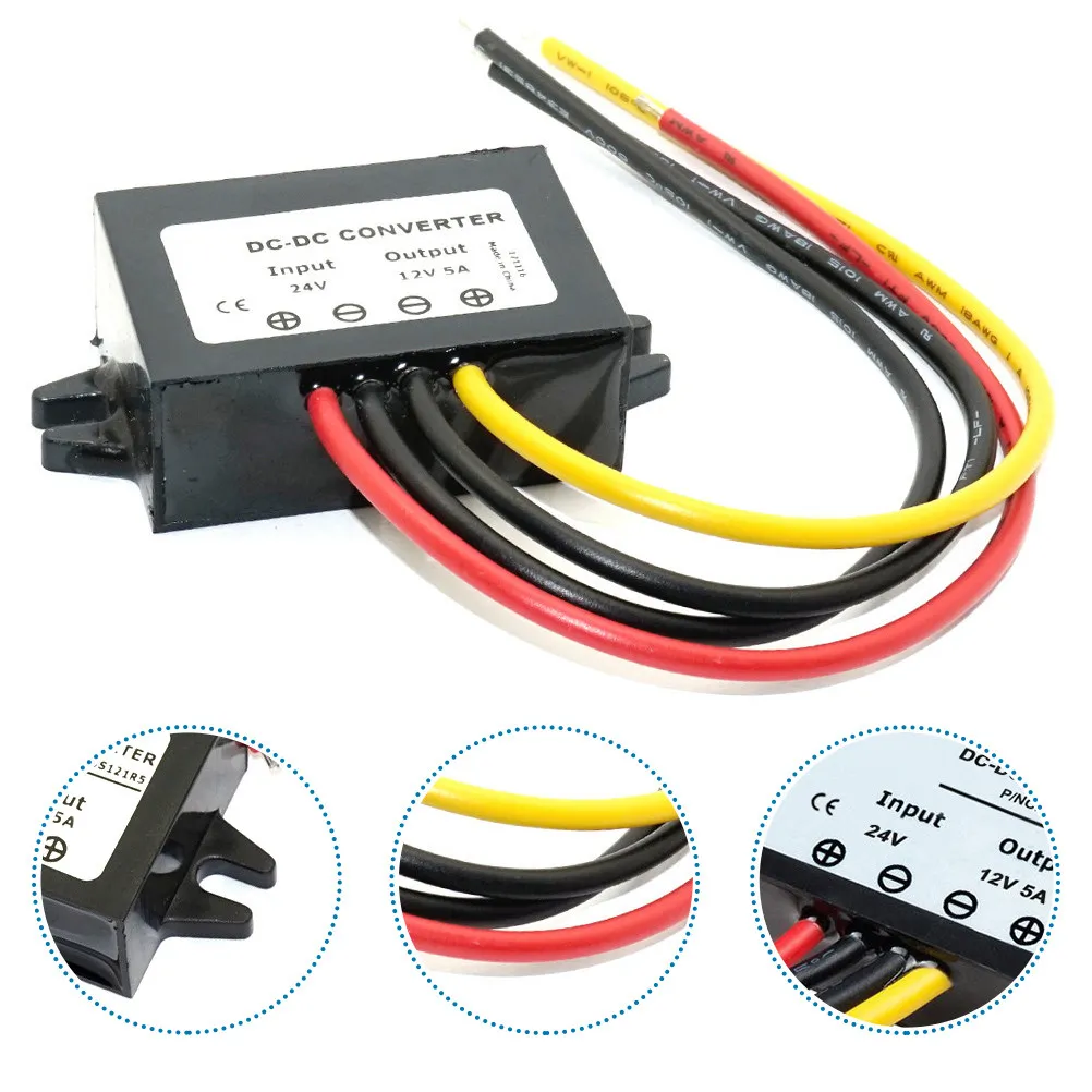24V to 12V 5A Dc-Dc Buck Converter Car Auto Power Stabilizer Ultra Compact Lightweight Full Power Stable Output Heat Dissipating