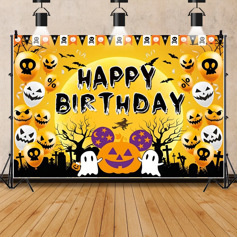 

Halloween Theme Birthday Party Background Cartoon Pumpkin Lights Kids Happy Birthday Customized Name Portrait Photo Booth Props