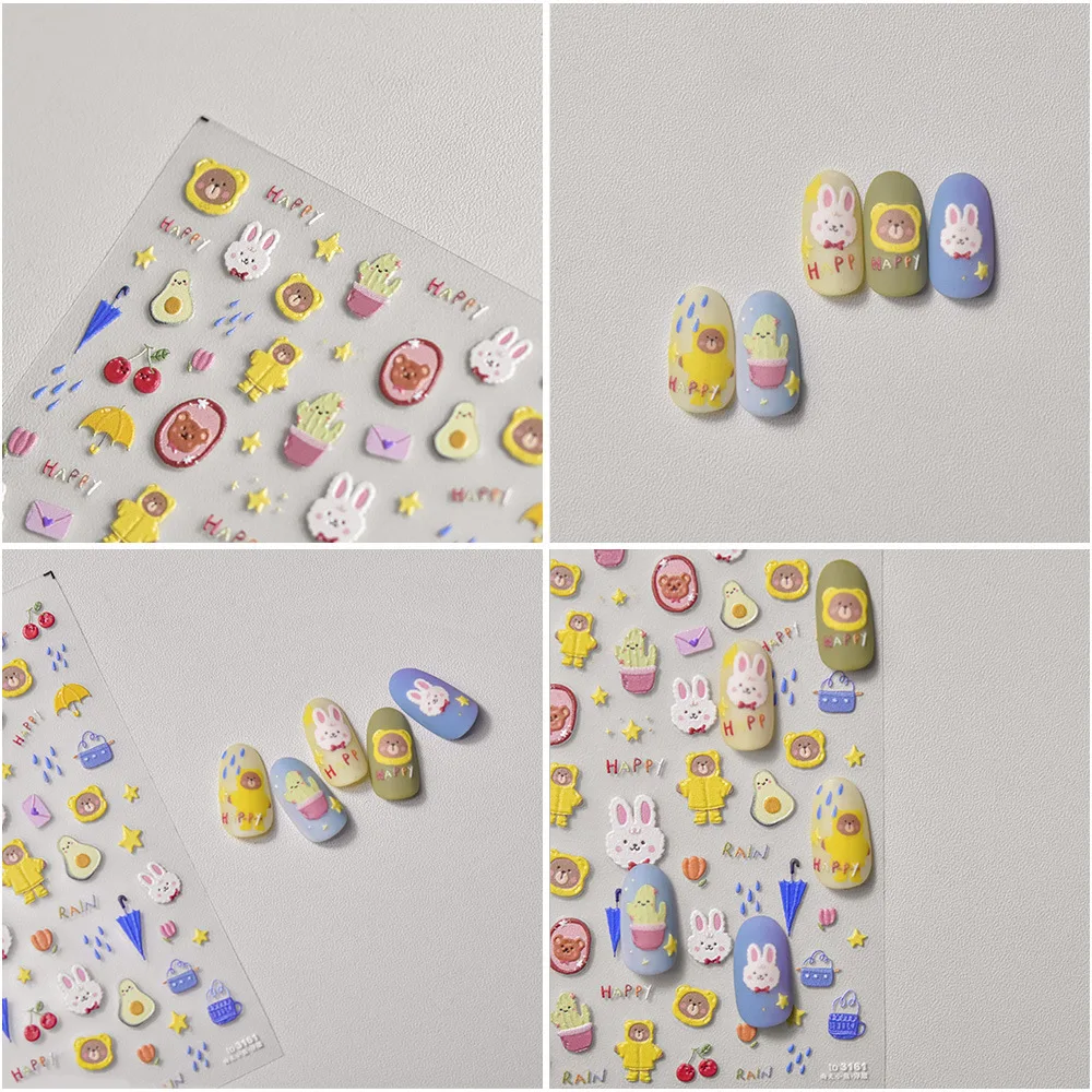 Cartoon Girl Bear Duck Bunny Avocado Heart Umbrella Flower Rain Star 3D Self Adhesive Nail Art Sticker Summer Sea Manicure Decal