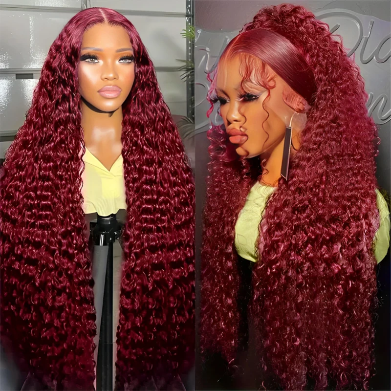 99J Burgundy Deep Wave 200 Density 13x6 Lace Front Wig Curly Red Colored 13x4 HD Lace Frontal Human Hair Wigs For Woman