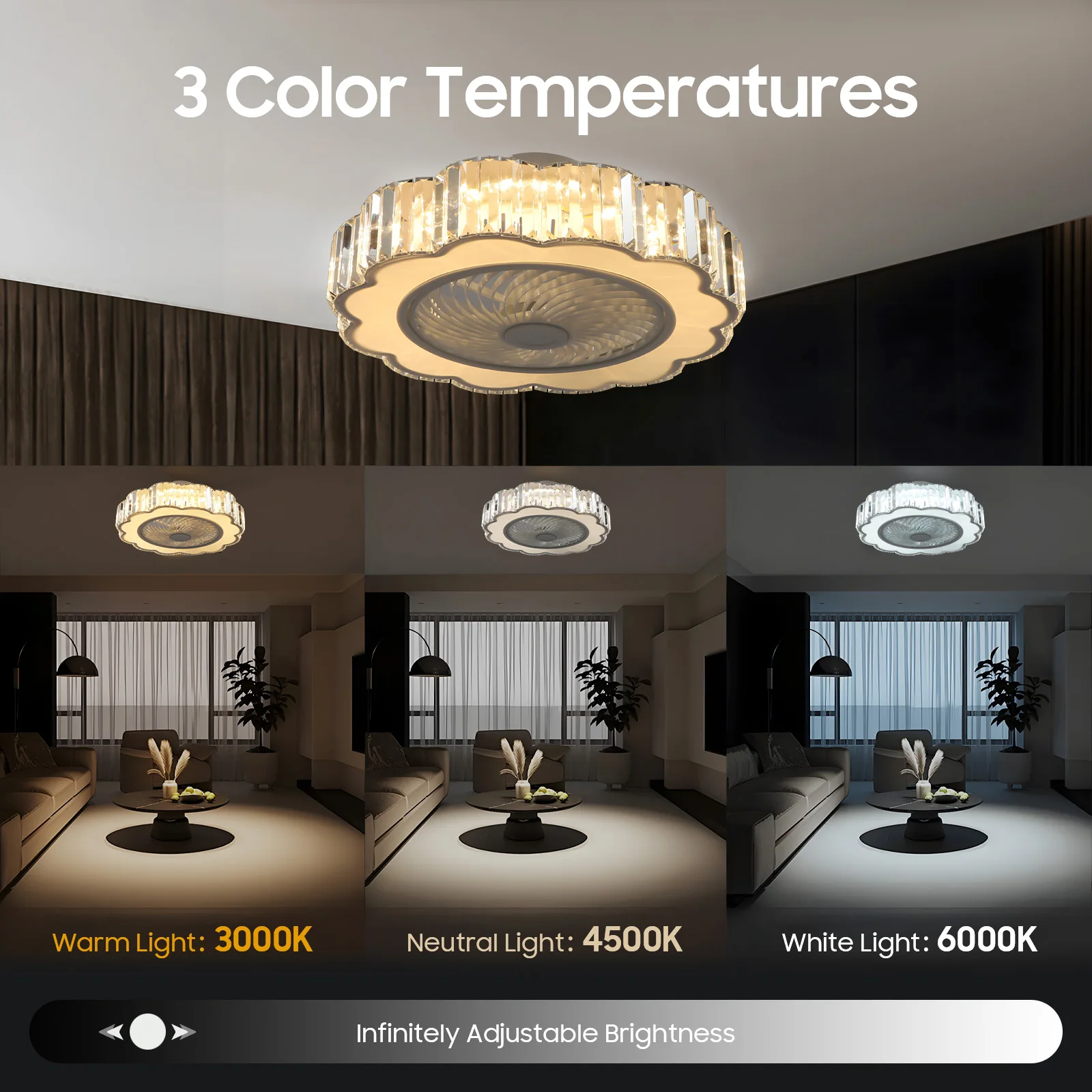 White Plum Blossom Ceiling Fan Light 58cm LED 3000-4500-6000K Dimmable 6 Wind Speed Forward Reverse Pure Copper Motor Remote Control 85-265V Ceiling Lamp for Bedroom Living Room