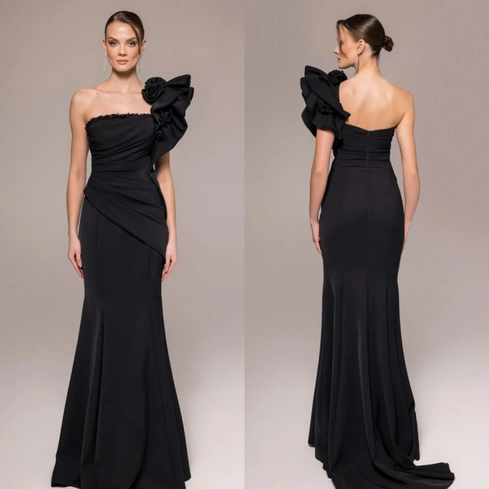 

Customized Elegant Jersey Pleat Ruched Draped Handmade Flower Beading Mermaid One-shoulder Long Dresses Evening Dresses Matching