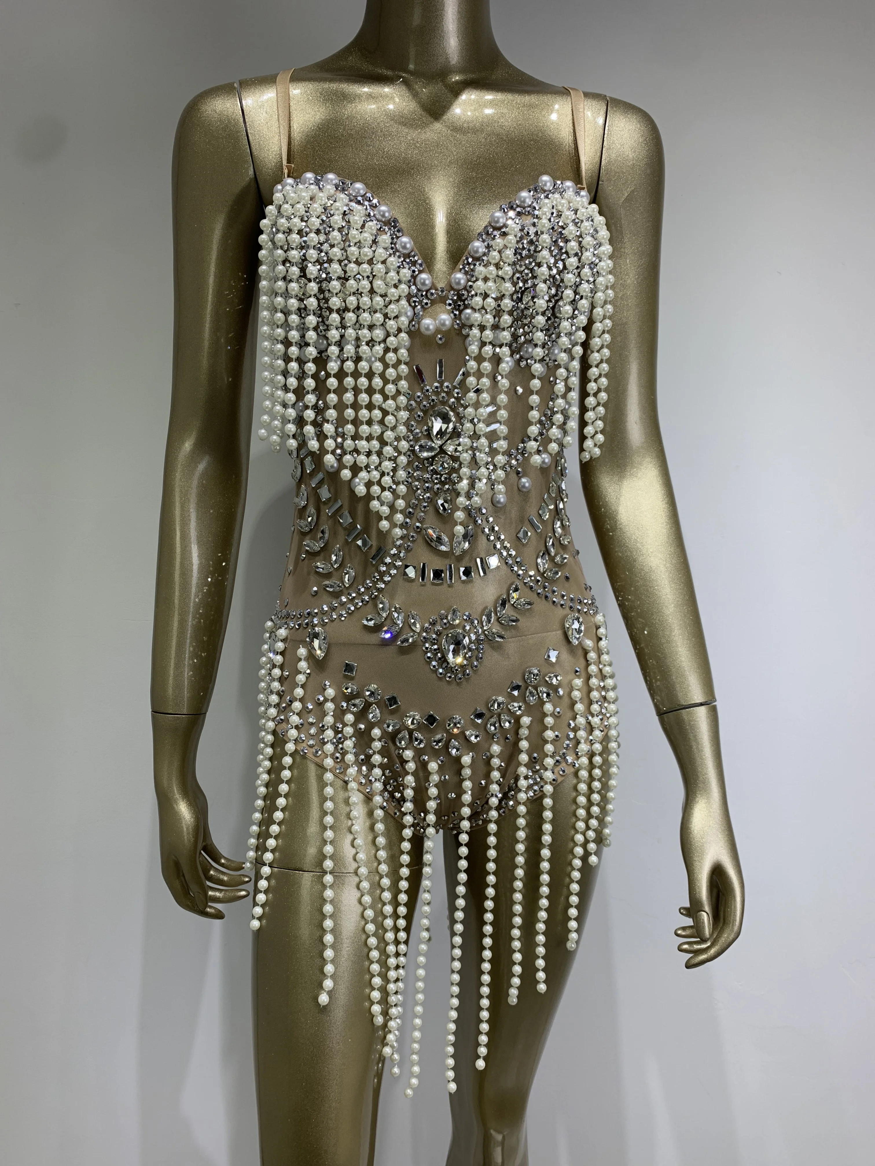 

Women Summer Sexy Strap Pearl Chain Diamond Tulle Perspective Bodysuit Stage Performance Costume Nightclub Bar Party Costume