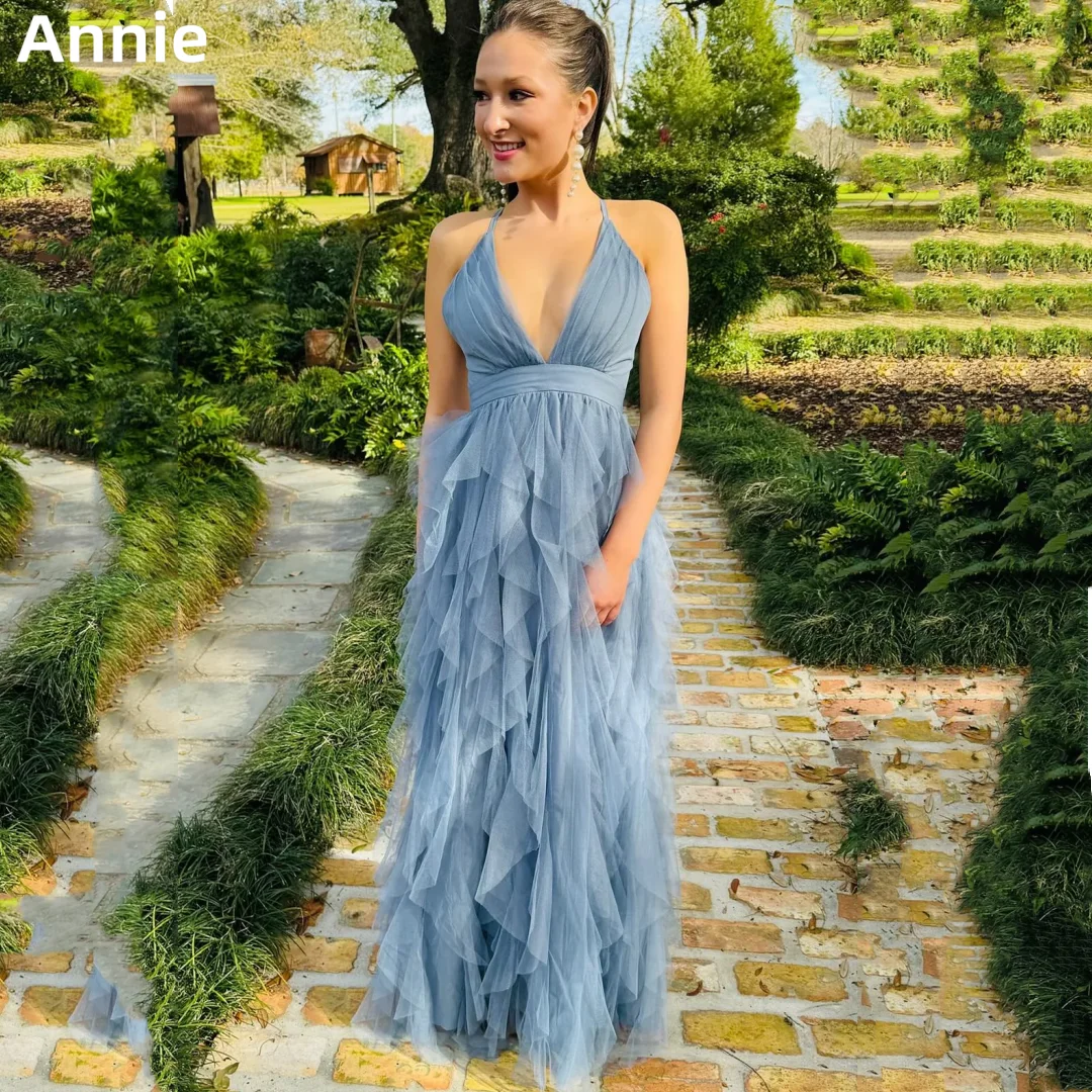 

Annie Spaghetti Straps Prom Dresses Handmade Tulle Dceng Evening Dresses Sexy Backless A-line Wedding Party Dress