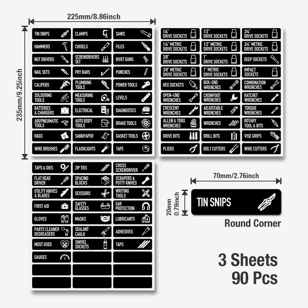 90 pcs Toolbox Labels,Tool Chest Organizer Labels, Fits Steel Drawers, Durable Vinyl Material, oolbox Accessories
