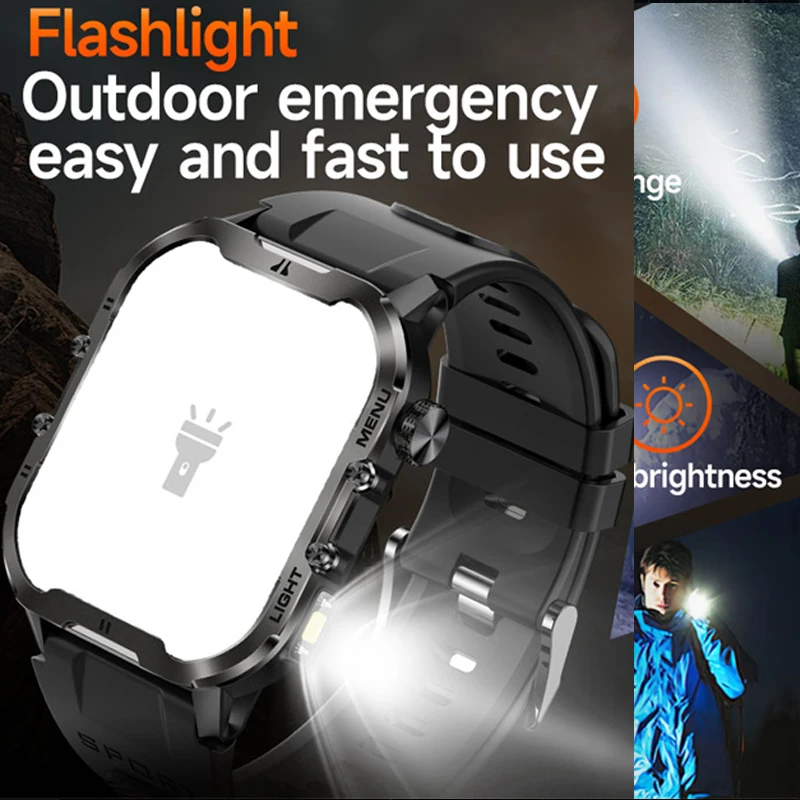 For Xiaomi Military Smart Watch Men IP68 Waterproof Outdoor Sports Flashlight Watches Health Monitoring 1.96\