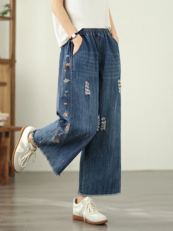 Calças Jeans Fenas Retro com Cintura Elástica Bordadas com Flores Largas e Soltas Corte Reto Casual para a Primavera em D...