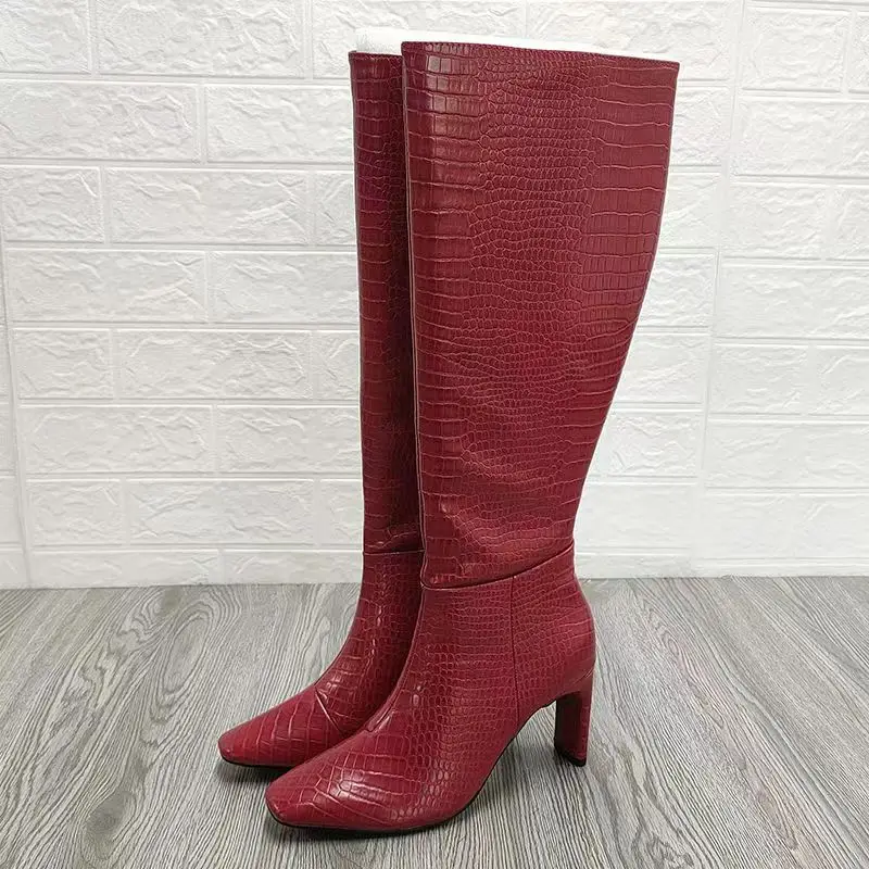 Crocodile Pattern PU Leather Boots for Women, European and American Fashion, Square Toe, High Heels, Thick Heels, Long Boots, La