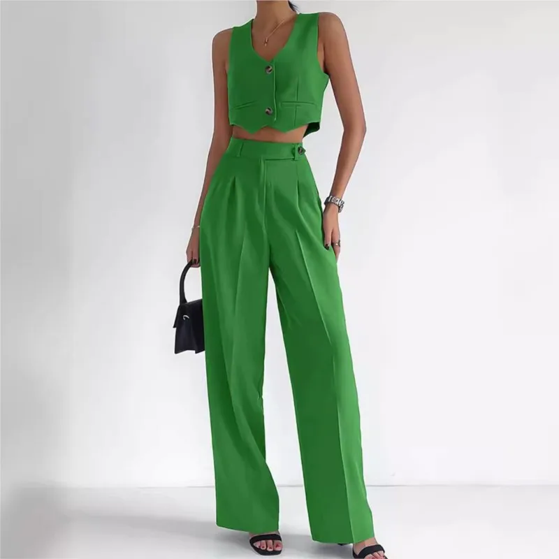 Elegant Two Piece Sets for Women Summer Buttoned Vest High Waist Wide Straight Leg Pants Set Office Lady Commuting Streetwear