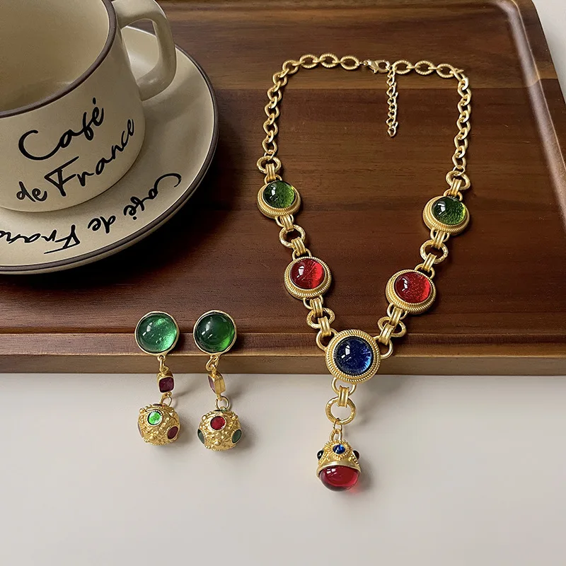 Luxury Color Stone Crystal Necklace Retro Top 18k Gold Plated Earrings for Women S925 Silver Needle Brand Z461