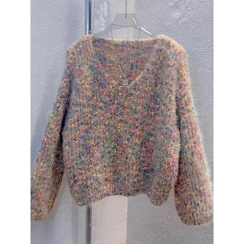 

Lazy style high-end colorful dot sweater for women 2024 autumn and winter V-neck pullover short thickened tops sweater