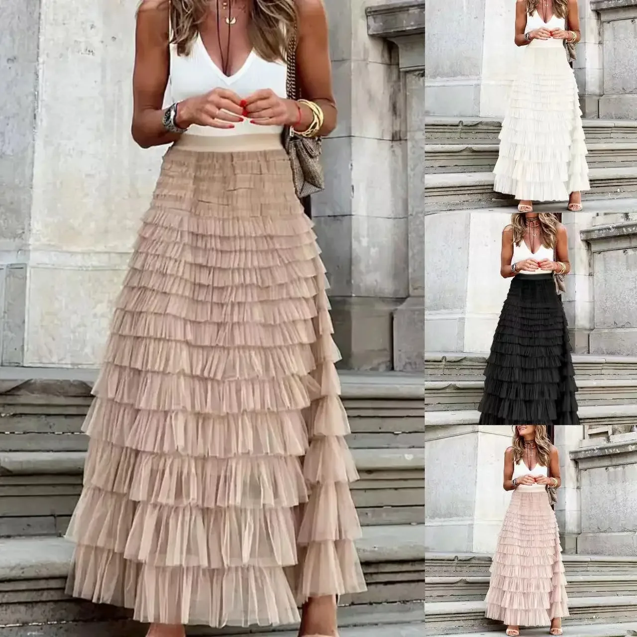 

Cake Skirt New 2023 Women High Tight Waist Long Loose Elegant A Line Skirts Casual Summer Office Lady Beach Slim Fit Ball Gown