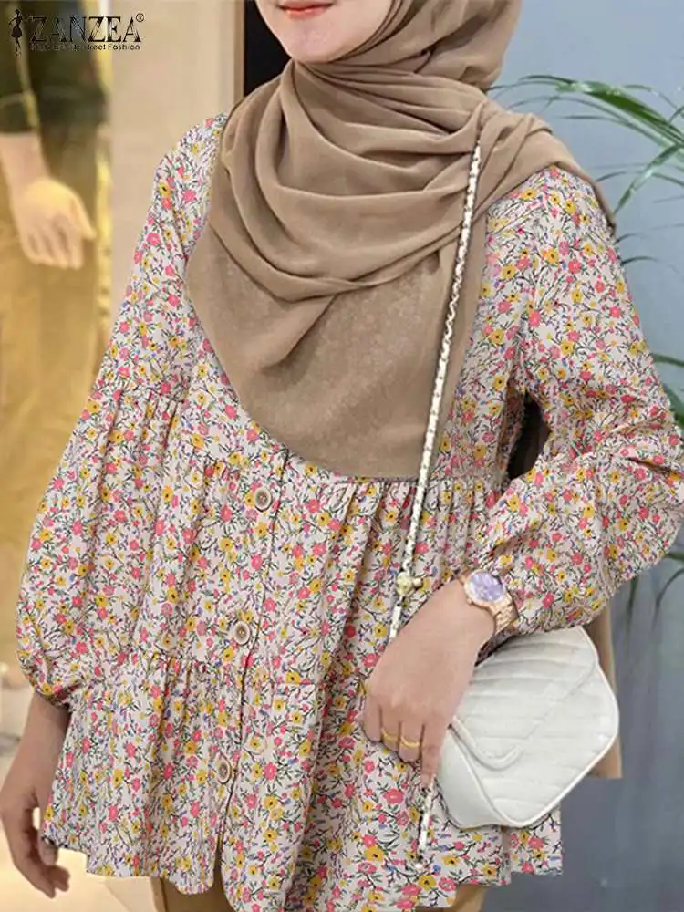 ZANZEA Muslim Fashion Hijab Blouse Bohemian Vintage Long Sleeve Tops Women Shirt Casual Floral Printed Blusas Islamic Clothing